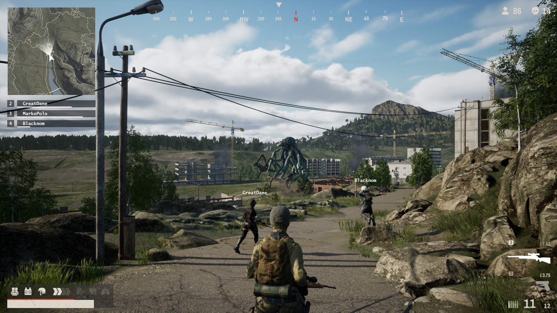 A group of Cloudburst players explores a settlement beneath the mountains.