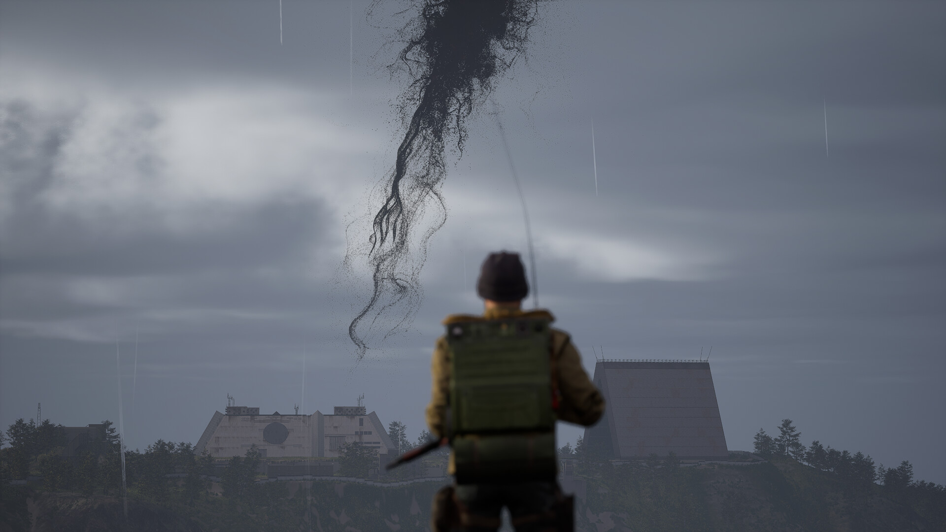 A Cloudburst survivor watches a machine swarm in a stormy sky.